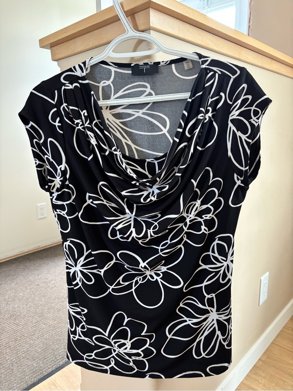 Tahari Black and White Floral Cowl Neck Top